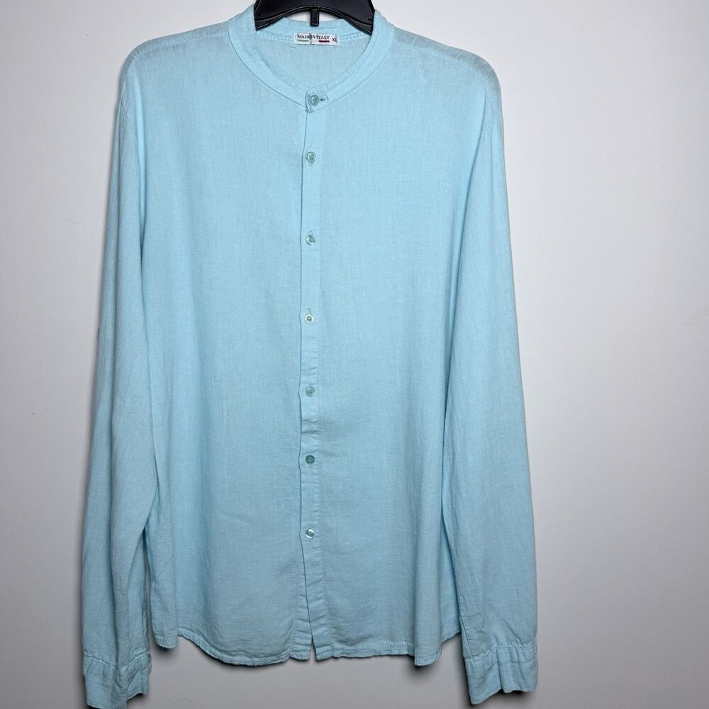 Made in Italy 100% Linen Band Collar Shirt XL Mint Blue Coastal Roll Tab Sleeve